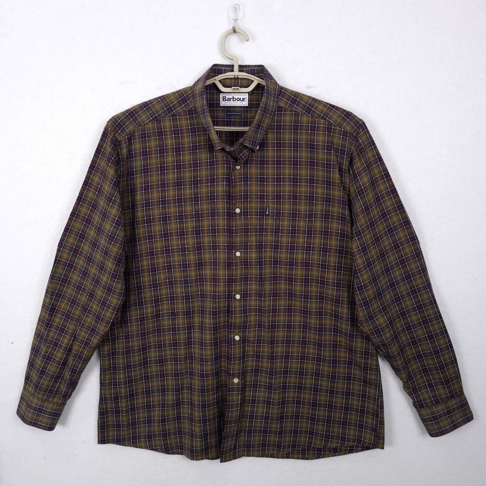Barbour Malcolm Button Down Shirt Mens XL Olive Green Plaid Tailored Fit